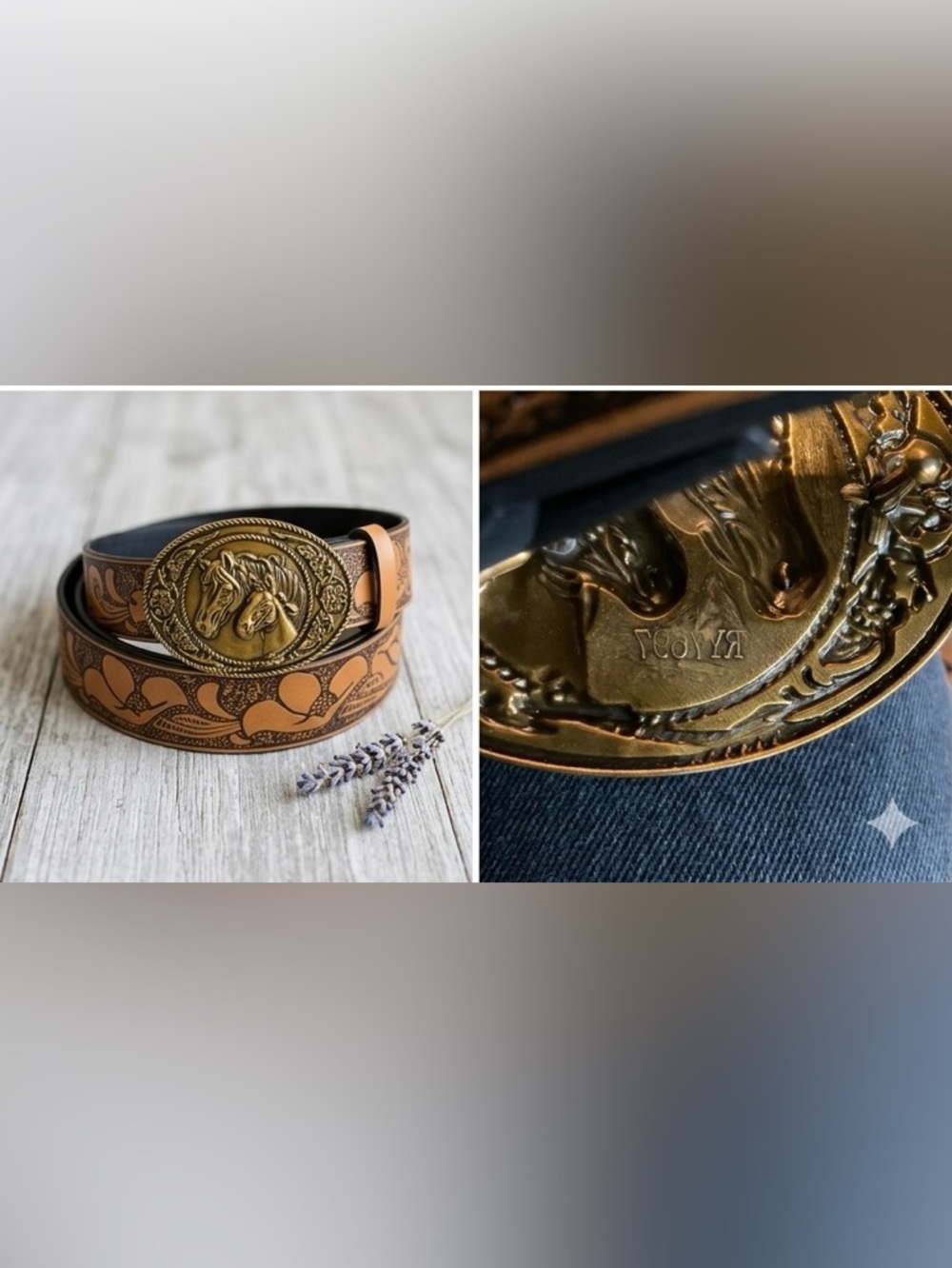 Western Horse Embossed Tan Leather Belt with Antique Gold Buckle - Picture 3 of 4